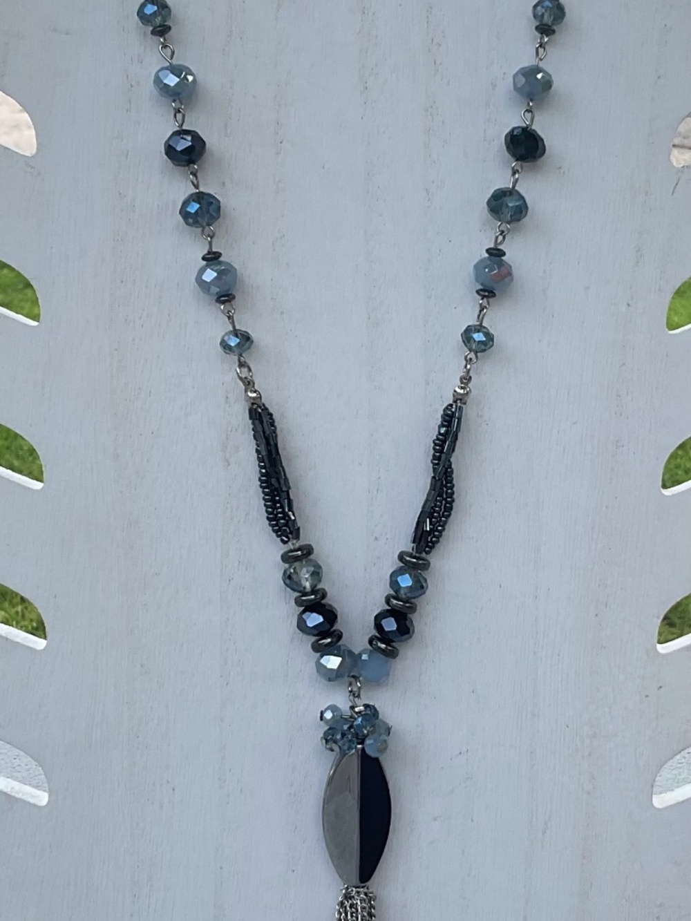 Hematite Pendant Necklace Tassel Beads Silvertone 28”